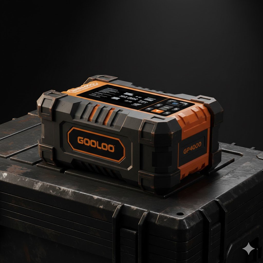 GOOLOO GP4000 jump starter on tactical toolbox with weathered copper accents