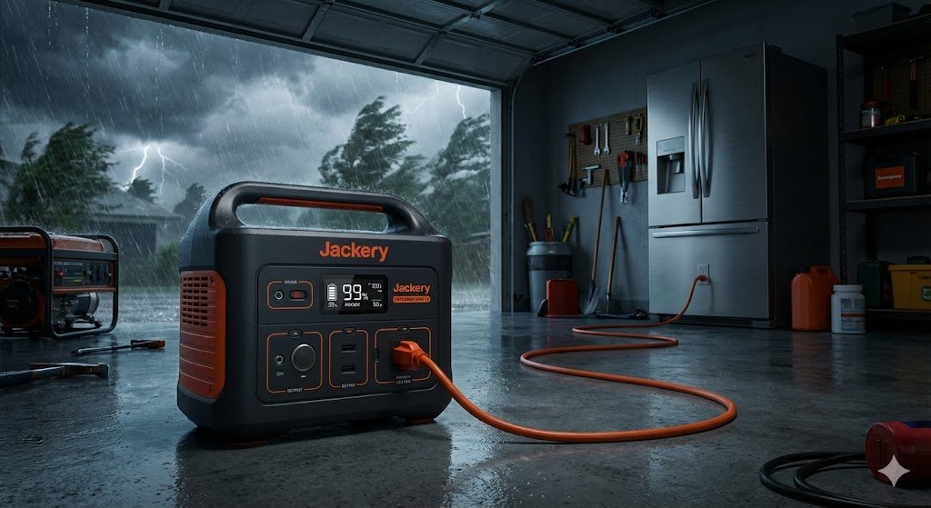 Jackery power station at 99% charge in garage during storm with gas generator and refrigerator visible