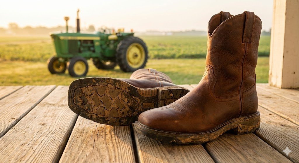 Rocky western work boots on weathered porch boards with John Deere tractor in field at golden hour